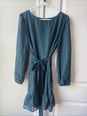 Long-Sleeved Tie-Waist Ruffle Dress in Teal